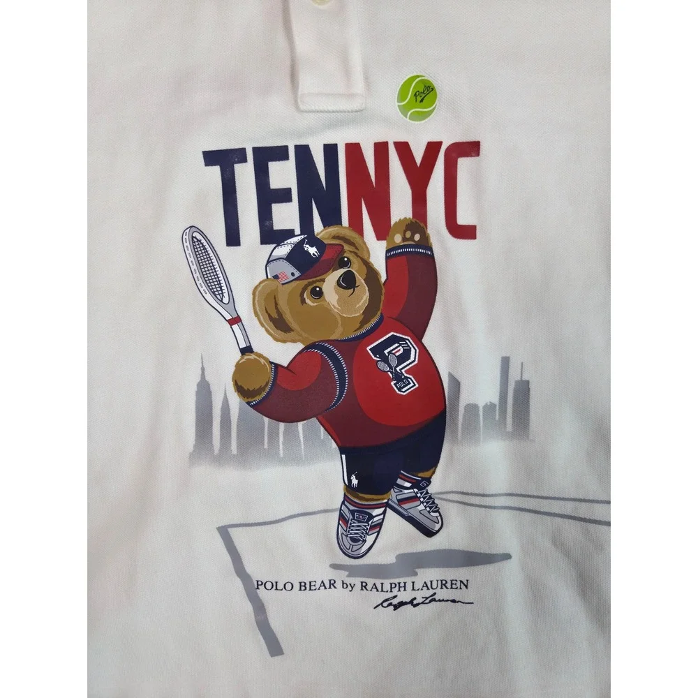 Polo Ralph Lauren Polo Shirt Mens Small White Polo Bear Tennis NYC Classic Fit